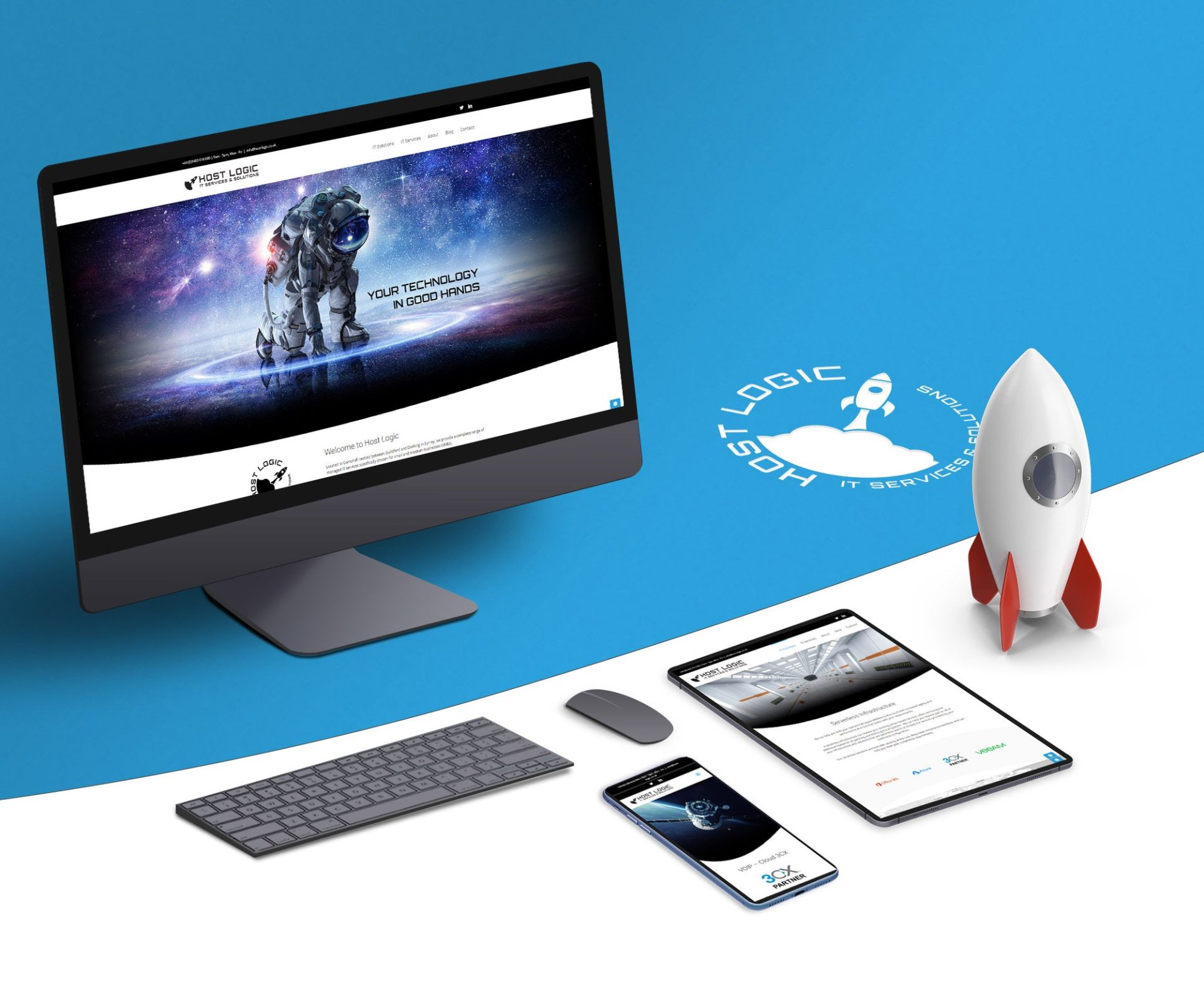 Host Logic logo and rocket with devices showing mobile variations of the website.