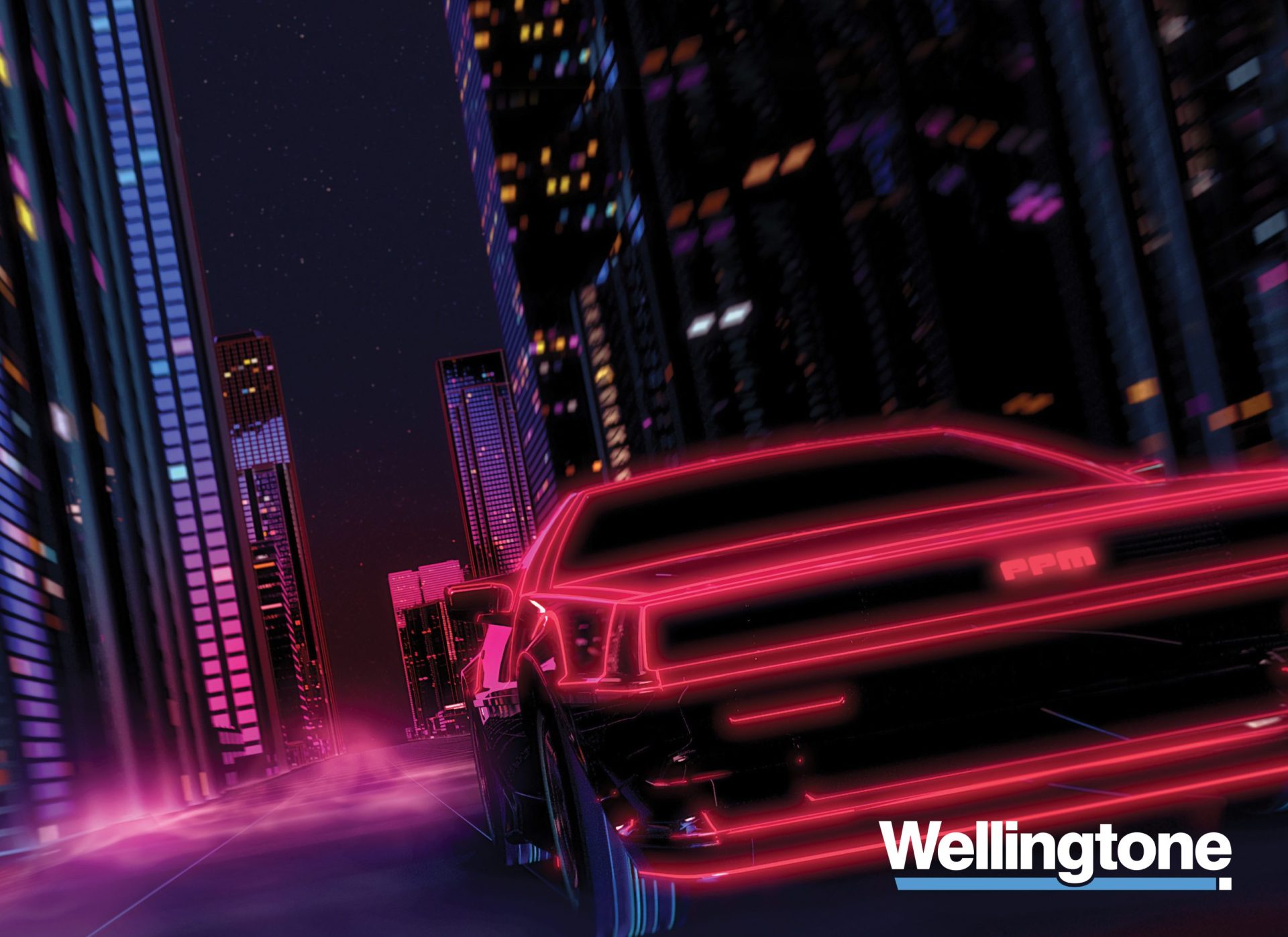 Wellingtone DeLorean in a neon landscape