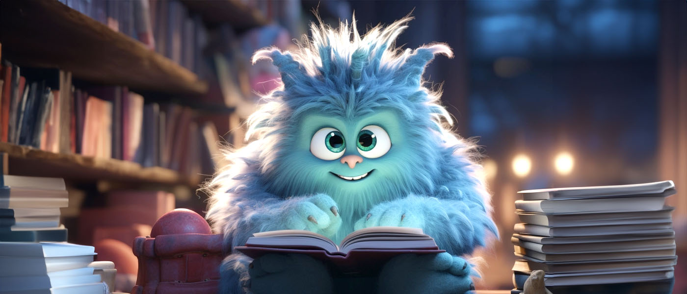 Happy monster surrounded by books while doing research.