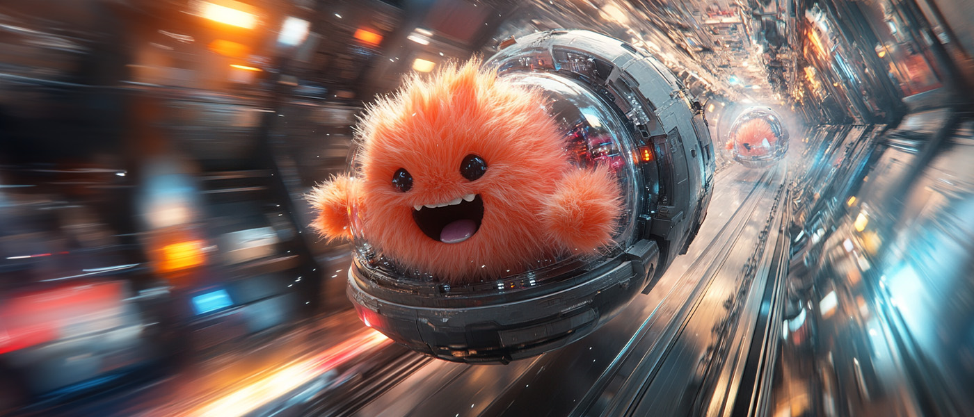 Adventurous fluffy monster flying through time.