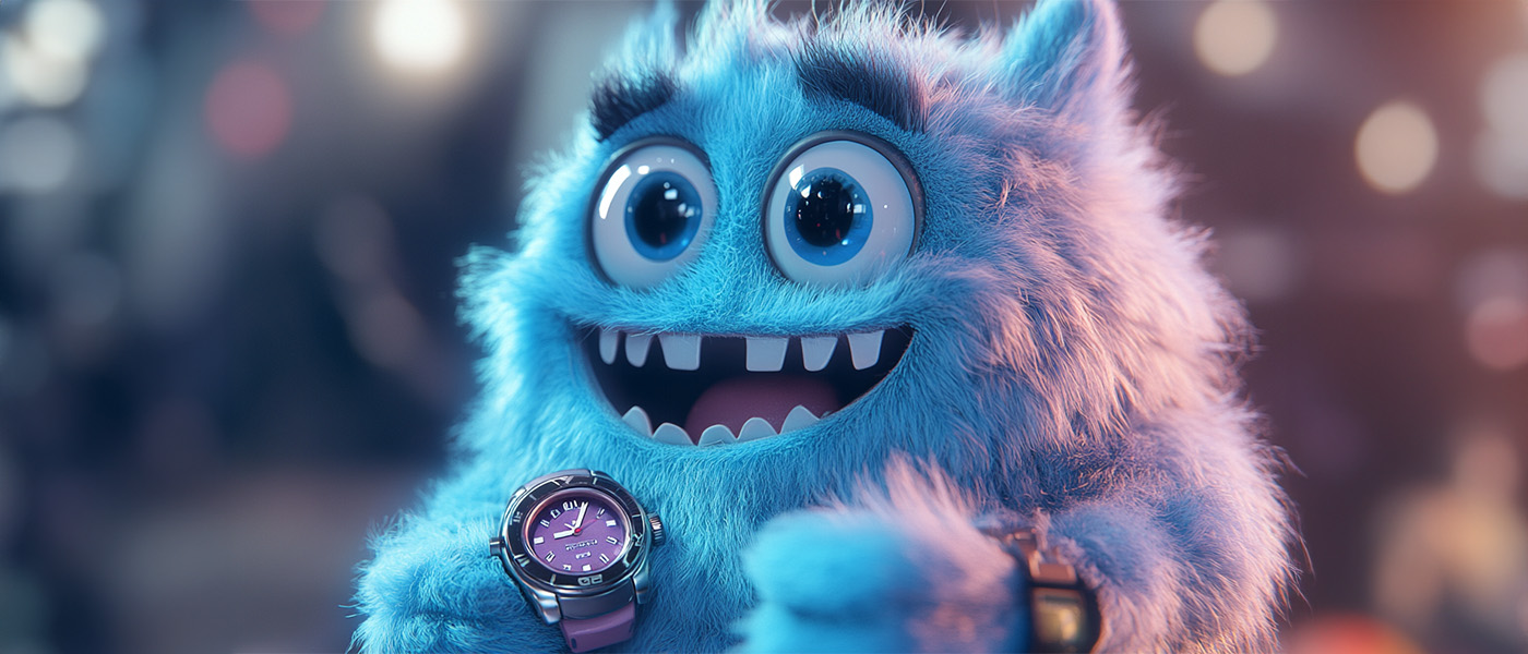 Excited fluffly monster with a new wrist watch