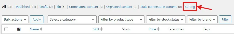 Sorting link at the top of the product list